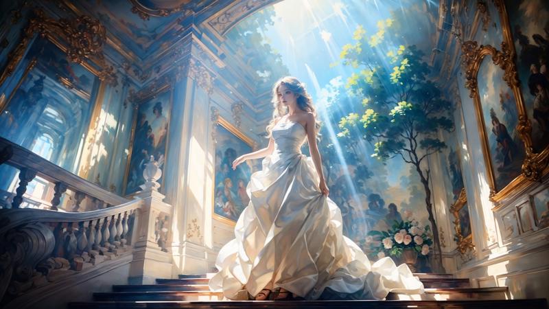 606247209521969624-1989533771-Low Angle shooting, super wide lens,_Rococo style，solo, bare shoulders，strapless dress，sunbeam，sunlight，medium breasts,_curtains.jpg